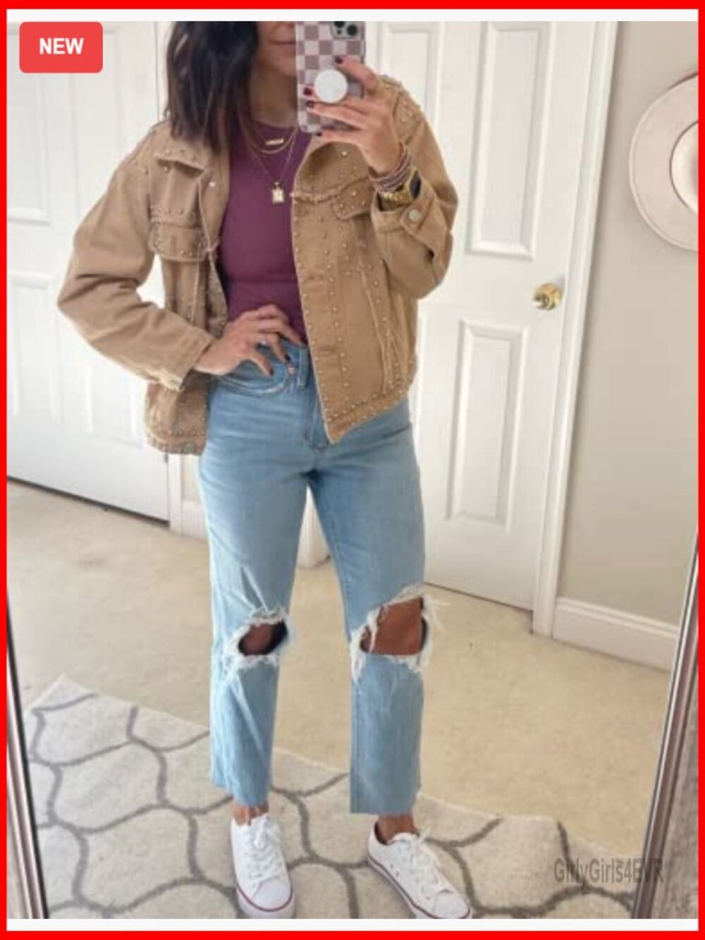 Long Sleeve Studded Denim Jacket Loose Fit Western Style - Picture 3 of 7